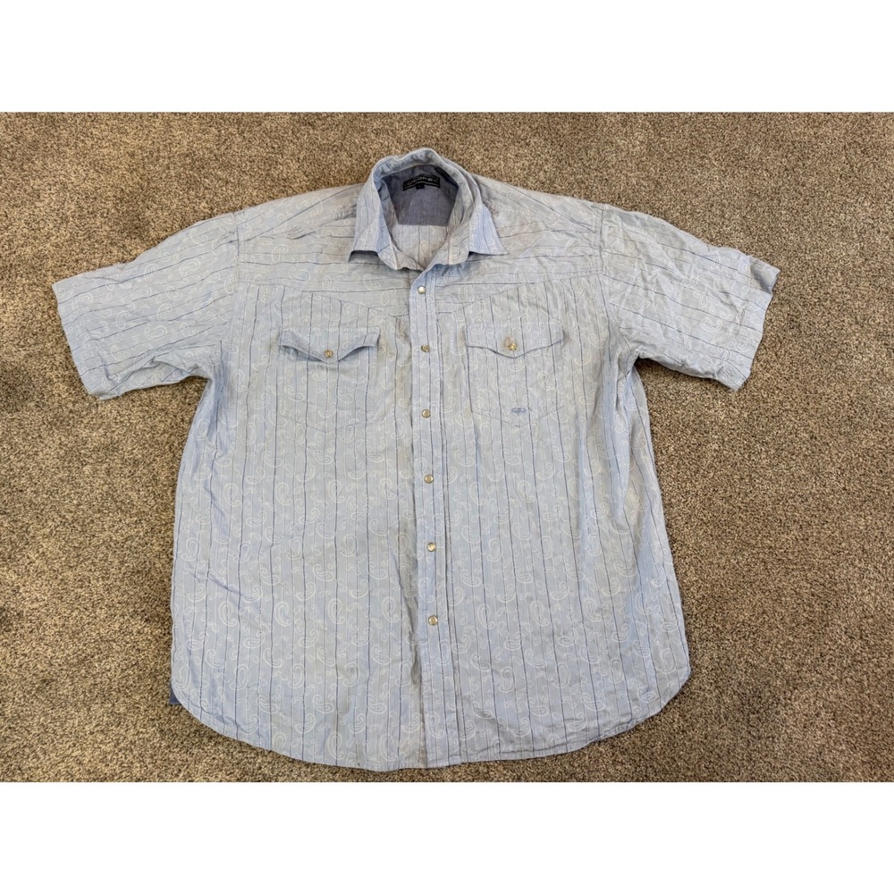 Roper Mens Western Pearl Snap Shirt Light Blue Paisley Striped Short Sleeve L